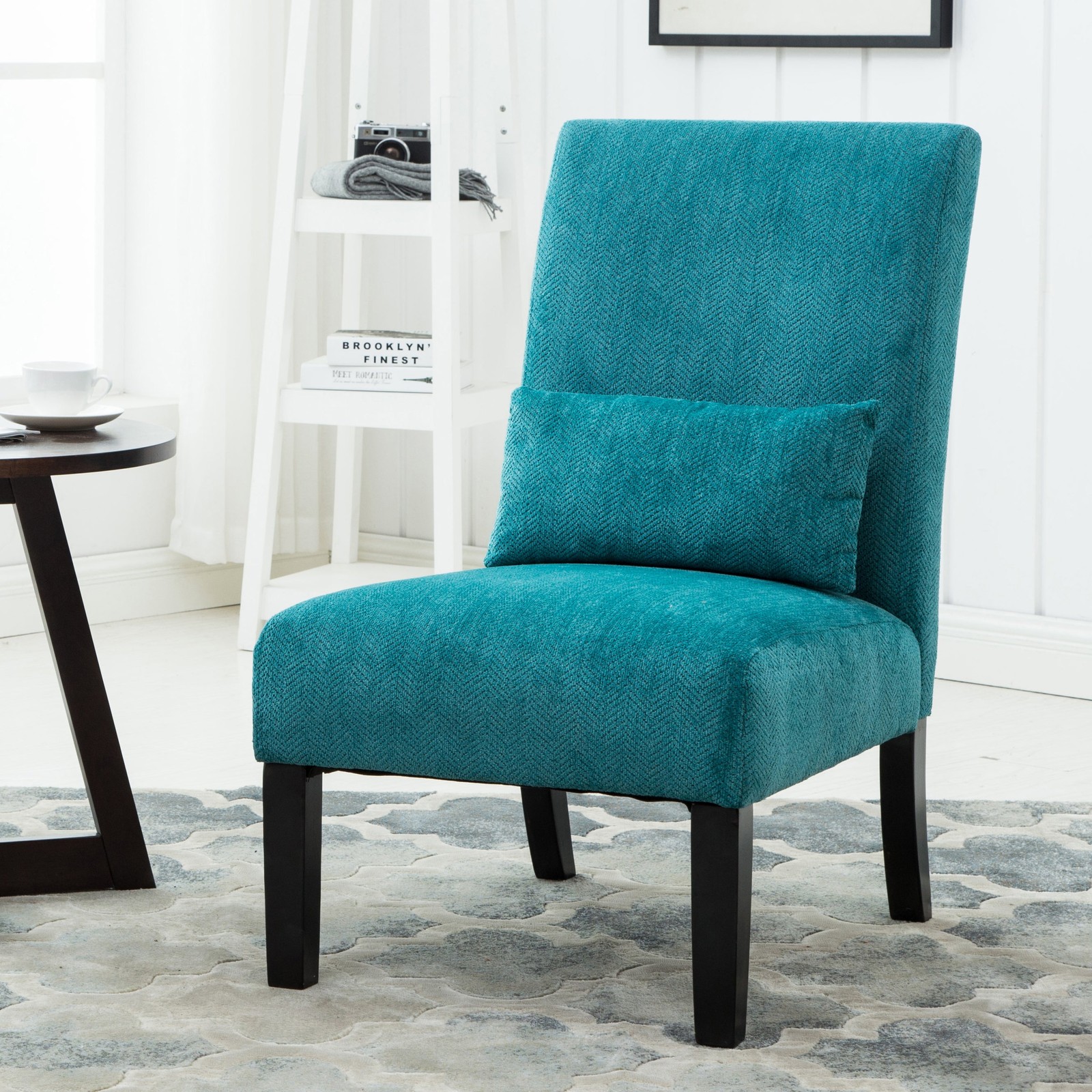 Teal Blue Modern Chenille Armless Accent Chair with Pillow-image