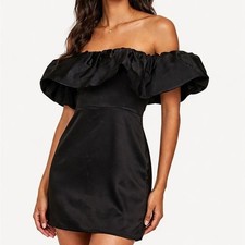 Reformation Black Alber Puffed Sleeve Ruffle Shoulder Satin Mini Dress Sz Medium