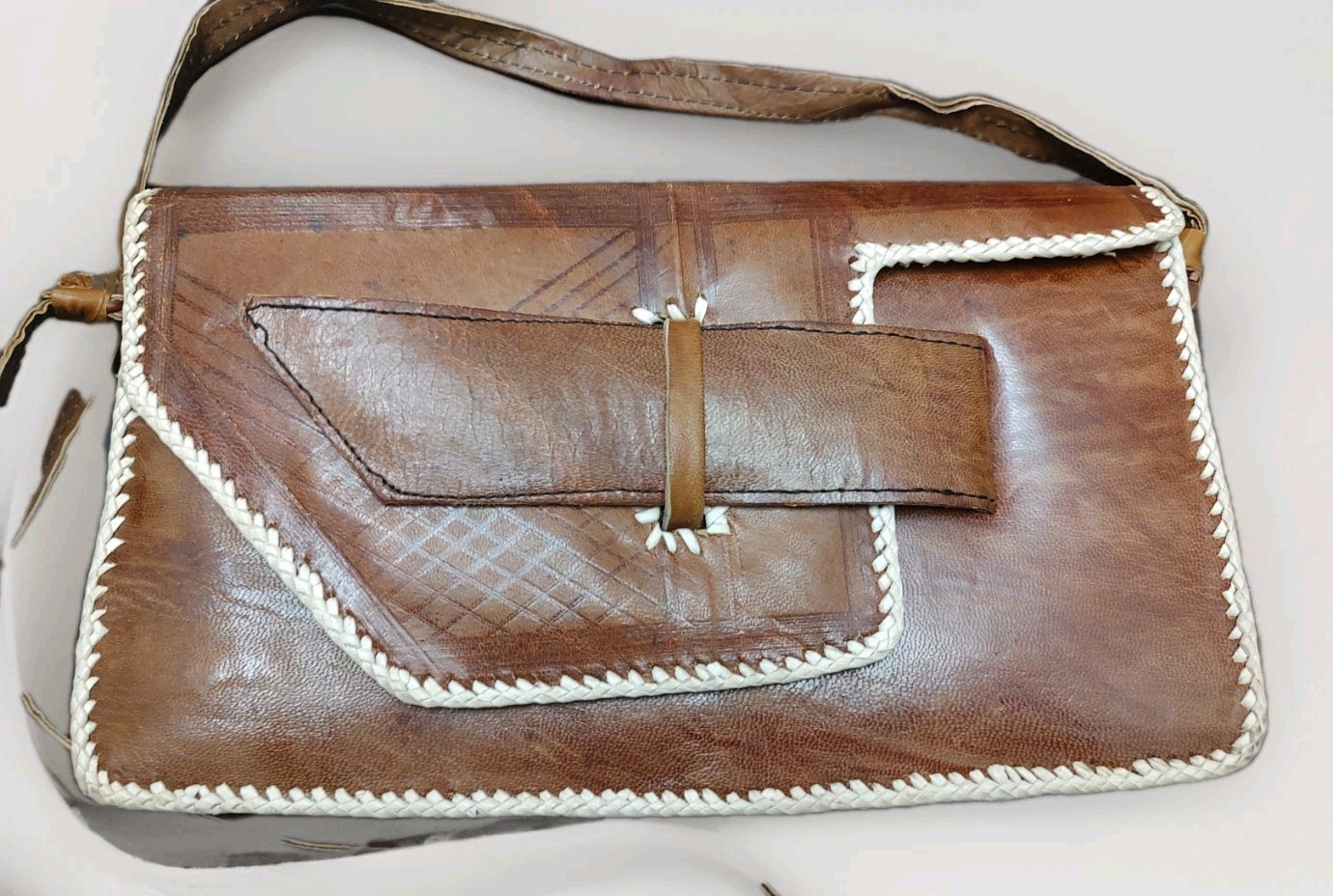 70's Handmade Leather Patchwork Clutch  African M… - image 1