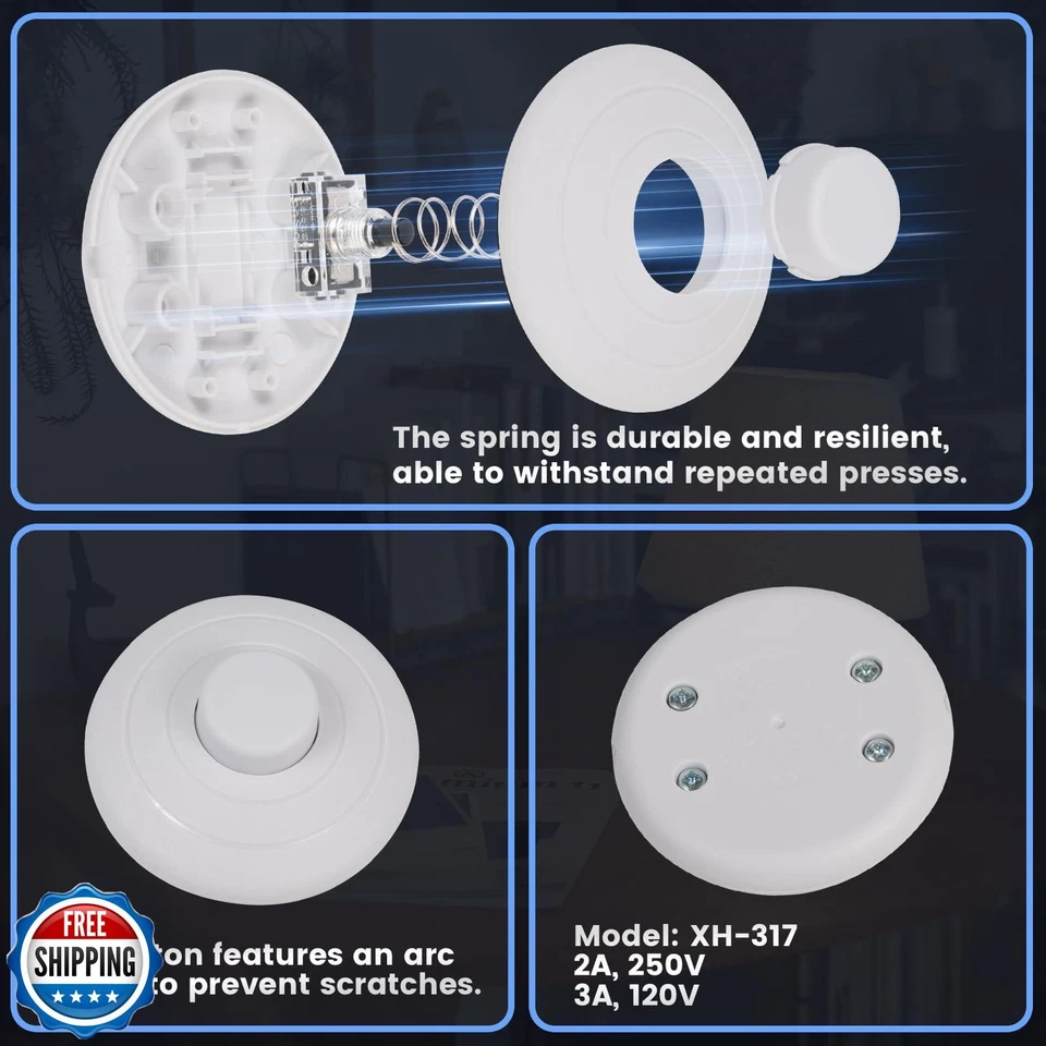 3-Pack Floor Lamp Foot Switch, Spring On/Off, White, 125V/3A, LED Lights - Image 4 of 4