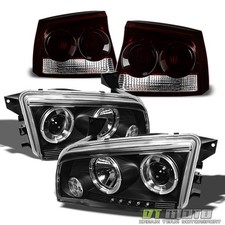 2009-2010 Dodge Charger Halo Projector Headlights Dark Red Tail Lights Lamps