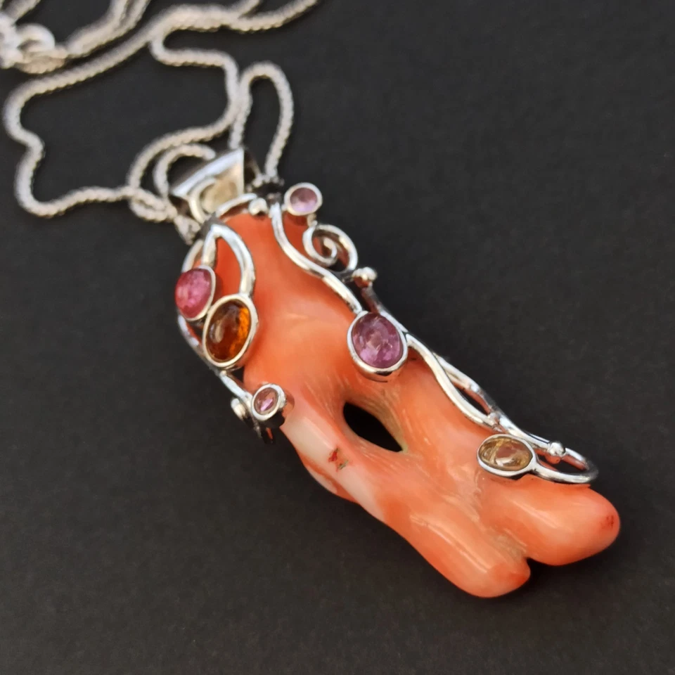 Coral ÚNICO Collar Artesanal Plata Esterlina Modernista Art Nouveau Regalo Renacimiento Foto 2 de 4