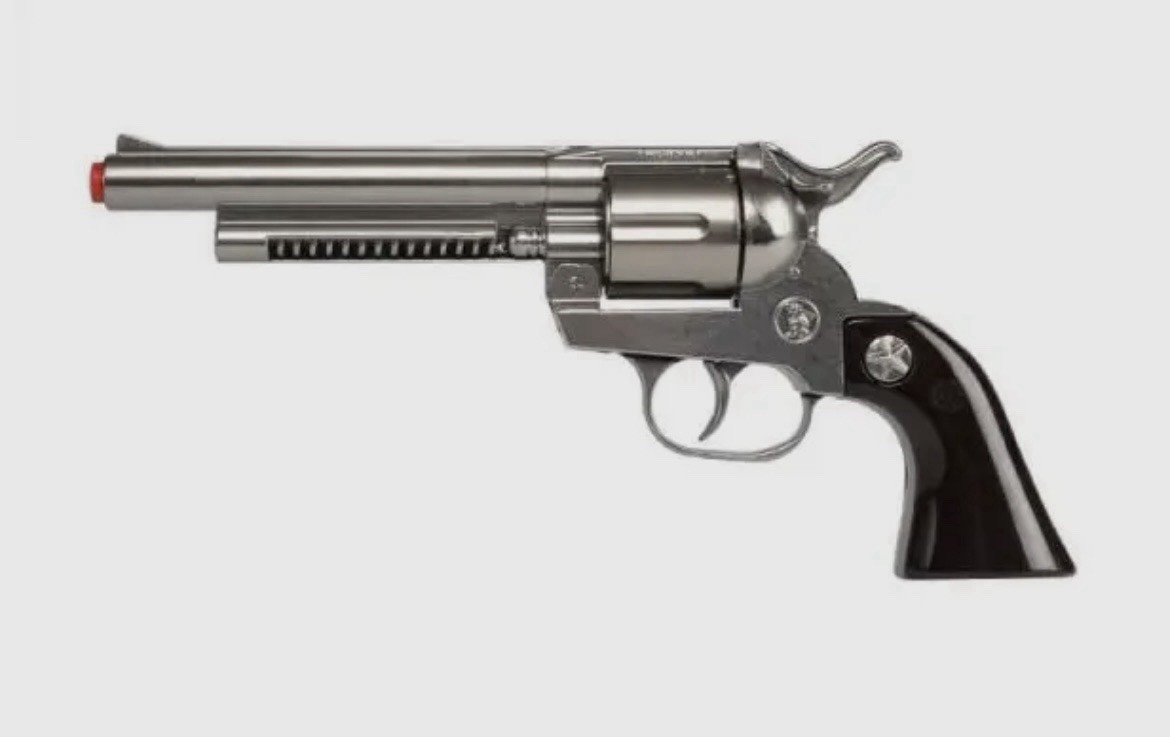Metal Toy Cap Gun. Peacemaker Style Silver Cowboy Revolver. Gonher 12 Shot New!