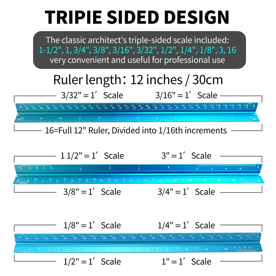 2PCS Architectural Scale Ruler: 12" Imperial Aluminum Triangular Scale Ruler - Image 4 of 4