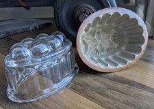 2 Vintage Jelly Moulds 1  Brown Stoneware / 1 Glass FREE POST