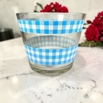 Vtg Libby Gingham Ice Bucket Blue And White 