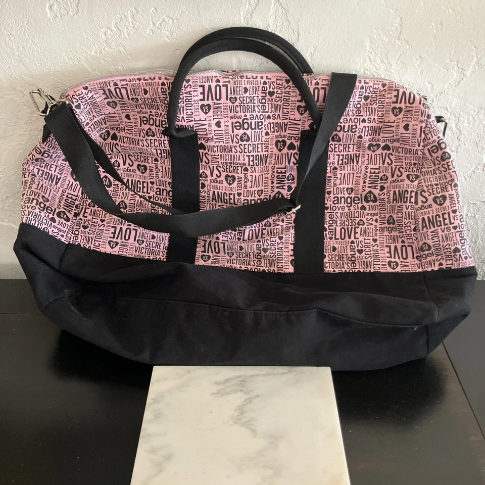 Bolso de Mano Victoria's Secret VS Rosa Negro Ángel Lona Fin de Semana Viaje Gimnasio Lona Foto 2 de 4