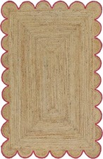 Jute Rug Rectangle Scallop Design Handmade Area Jute Carpet- Beige + Pink