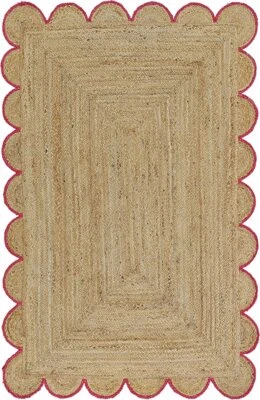 Jute Rug Rectangle Scallop Design Handmade Area Jute Carpet- Beige + Pink - Image 1 of 4