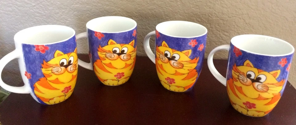 Juego de 4 tazas de porcelana naranja atigrado gato sobre azul de Konitz y 1 taza ¡Muy bonitas! Foto 3 de 4