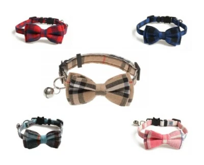 Check Plaid Cat Collar Breakaway - Bow tie Leopard Removable Kitten Silver Bell - Image 1 of 4