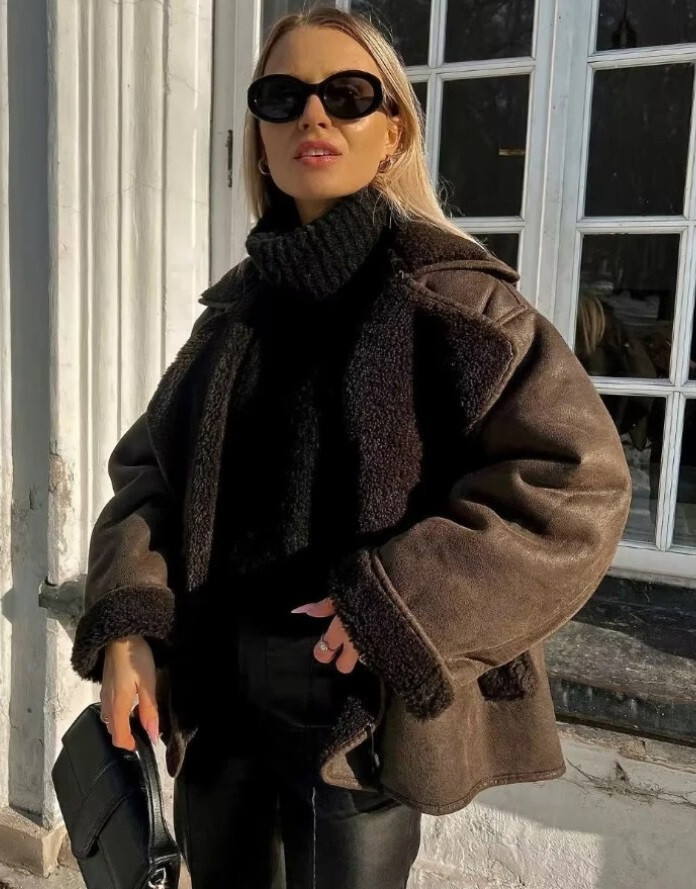 ZARA ZW DOUBLE-FACED BROWN FAUX SHEARLING FUR LAPEL COLLAR AVIATOR