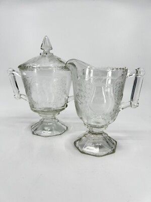 Vintage Jeanette Glass Baltimore Embossed Pear Creamer & Covered Sugar Bowl