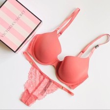 32DD SMALL Victoria  s Secret pink nude tshirt lined bra set vstring panties