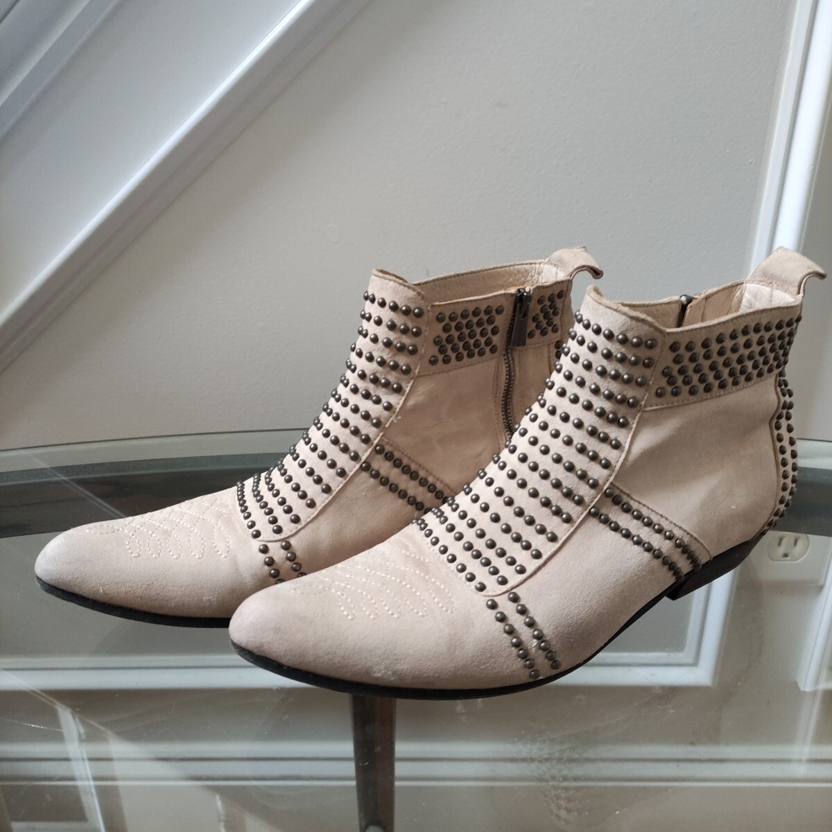 Anine Bing Charlie ankle studded boots in blush beige suede