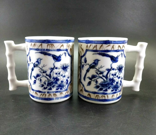 Vintage Takahashi Mugs Birds Bamboo Blue White Coffee Tea Cup Lot of 2