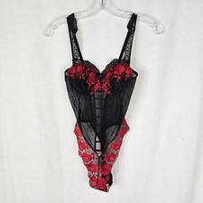 Vintage Victoria  s Secret 34B 90s Red Black Roses Lace Bodysuit Lingerie