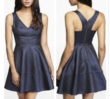Express Navy Blue Metallic Jacquard Fit & Flare Zip Back Dress Sz 4 *Excellent!