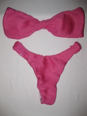 Shein 2pc bikini swimsuit S pink 80s aesthetic ribbed twist bandeau hi-cut nip