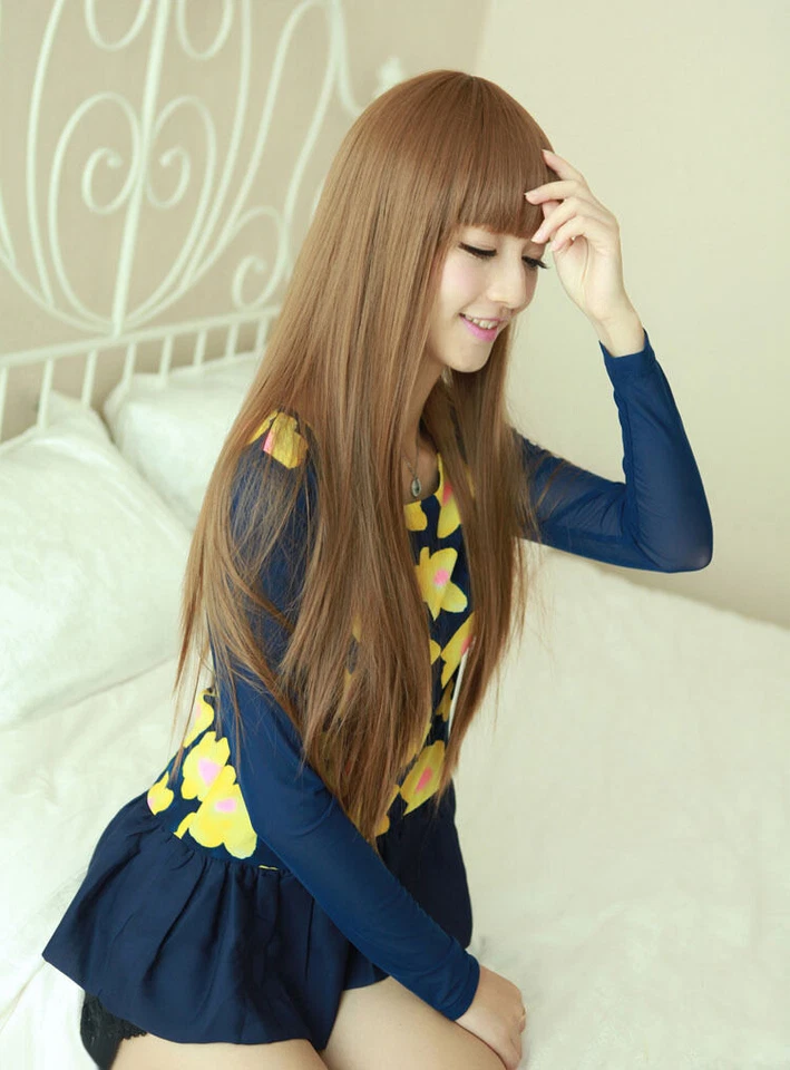 Moda Peluca Larga Marrón Claro Recta Ordenada Bang Mujeres Dama Pelo Pelucas + Gorra Peluca Foto 3 de 4