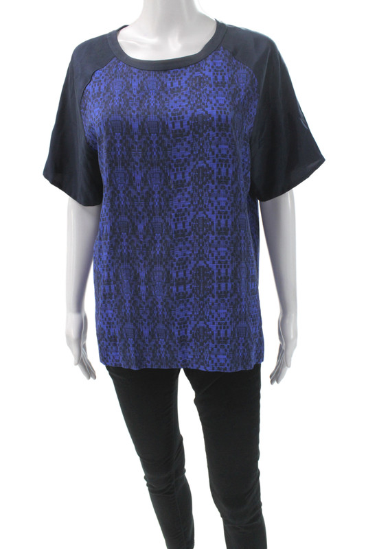 Vince Women 100% Silk Geometric Round Neck Short Sleeve Blouse Size S