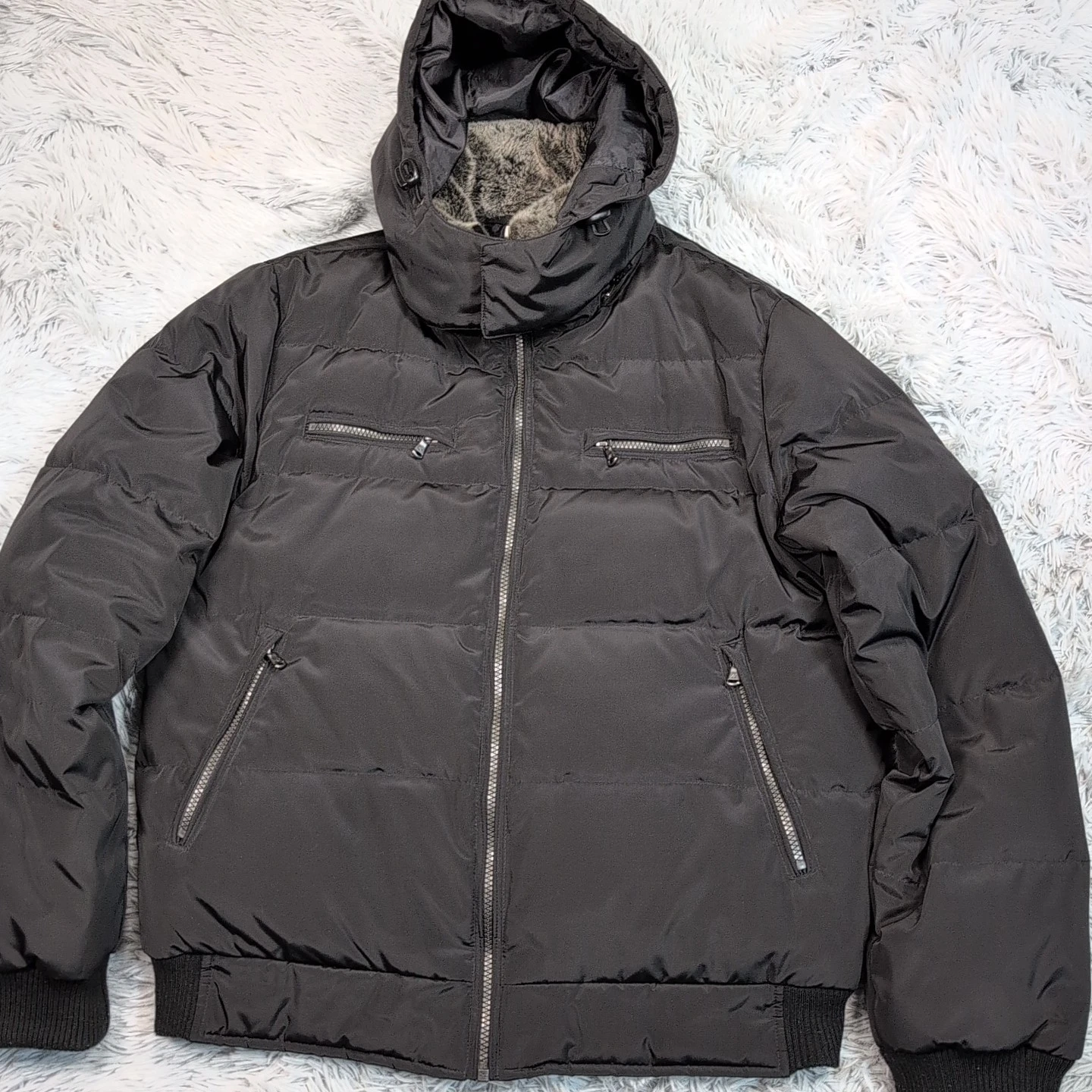 Kenneth Cole Jacket Mens M Black Removable Hood Down Waterfowl Feathers Zip Up