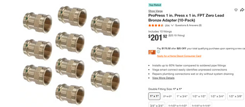 Viega ProPress 1 in. Press x 1 in. FPT Zero Lead Bronze Adapter (10-Pack) 79330