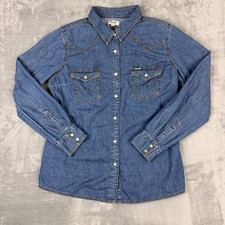Wrangler Retro Shirt Womens Large Blue Denim Cowboy Western Pearl Snap Button up
