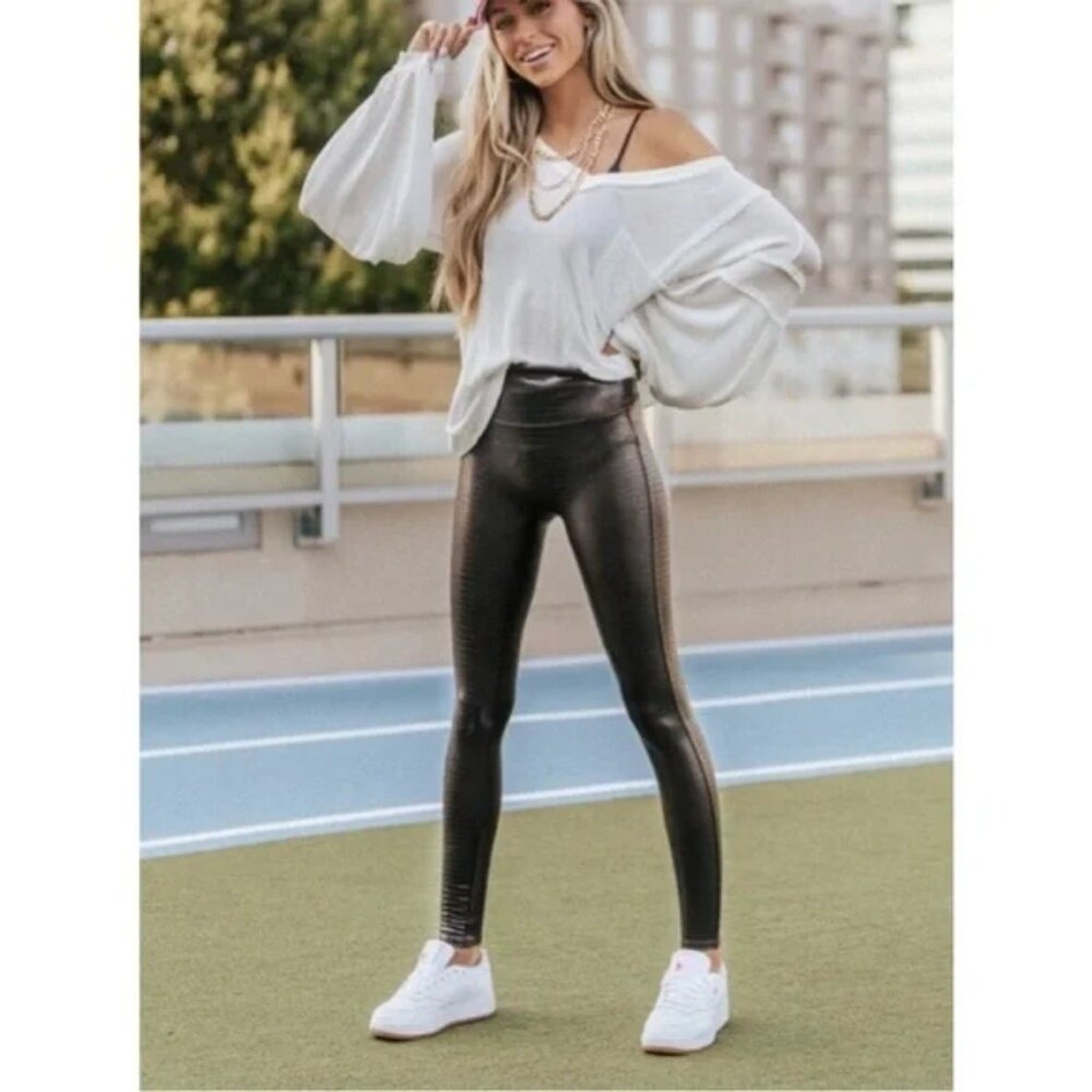 NWT Spanx Faux Leather Croc Leggings Brown/Black M image 4