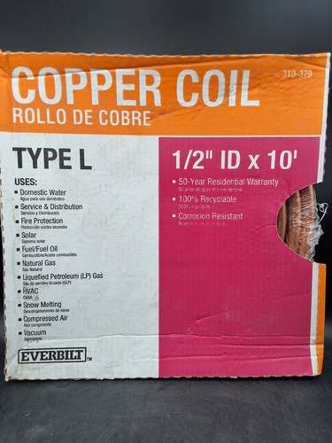 Everbilt Type L Copper Coil 1/2 in ID x 10 ft Flexible Tubing New #LSC4010PS