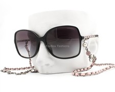 Chanel Sunglasses Black Gunmetal Pink Leather Logo Chain ch5210QA 1663/S6 w/case