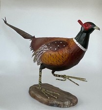 Handcrafted Metal Pheasant Figurine on wood b...