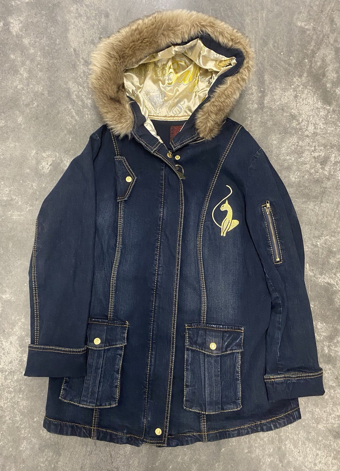 Vintage Y2K Baby Phat Faux Fur Lined Hooded Blue Denim Jacket Ladies Size Large