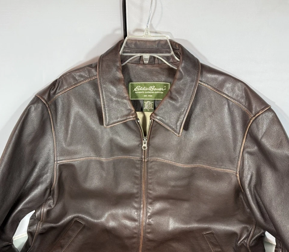 Vintage Eddie Bauer Men’s Brown Soft Leather Flight Bomber Jacket Coat Full Zip - Image 3 of 4