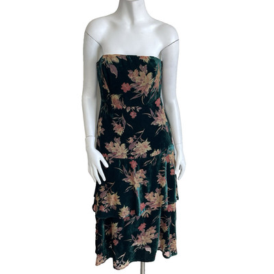 Lulus Velvet Burnot Floral Cocktail Party Strapless Midi Dress S Emerald Green