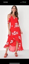 Lulus Love in Bloom Red Floral Off-the-Shoulder High-Low Maxi Dress Women Medium