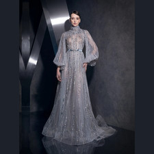 Puff Sleeves Sequined Evening Dresses A-Line Beautiful High Neckline Prom Gowns