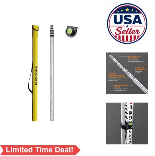 16 Foot Aluminum Grade Rod 5 Section Telescopic Bubble Level Feet Tenths Survey - product listing photo