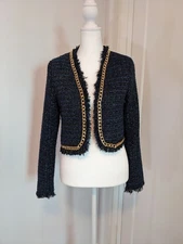 Christian Lacroix Navy And Black Tweed With Gold Metal Chain Trim Size X-Small