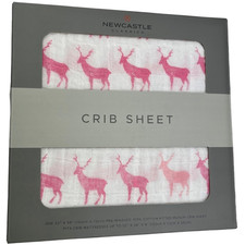 Pink Deer Cotton Muslin Fitted Baby Crib Sheet White Standard Mattress NWT