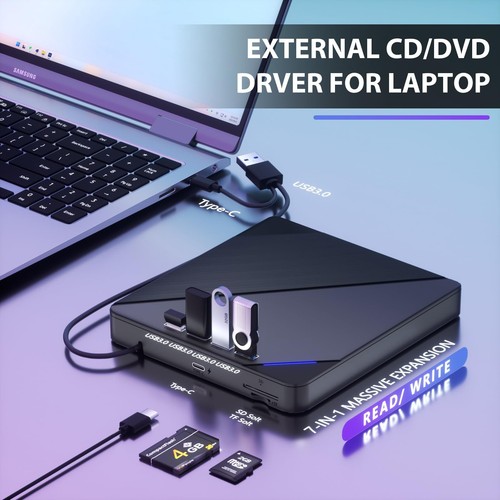7 in 1 Externes CD/DVD Laufwerk USB 3.0 Brenner Player für PC Laptop Windows Neu - Afbeelding 5 van 12