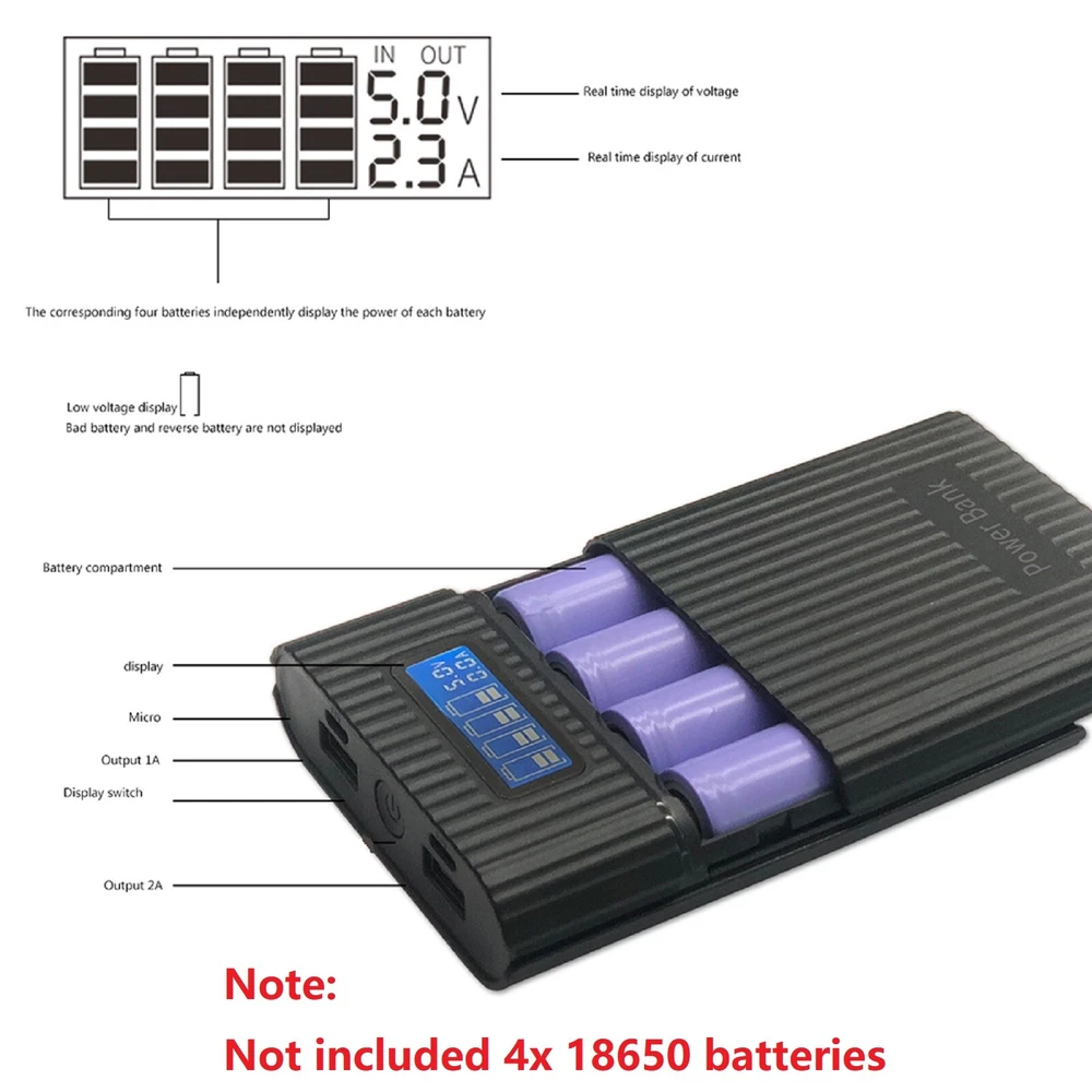 Power Bank Case Kit 4x18650 Battery Charger DIY Box 2x USB For Mobile Phone Power Bank Case Kit 4x18650 Battery Charger DIY Box 2x USB For Mobile Phone