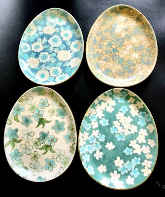 Pottery Barn Floral Oval Easter Egg Plates Dessert Salad Appetizer Set Of 4