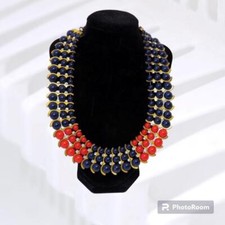 Vintage Red  Blue Beaded Rhinestone Bib Necklace