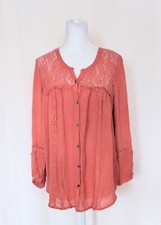 American Eagle Lace Accent Button Down Peasant Blouse Womens Large NWT
