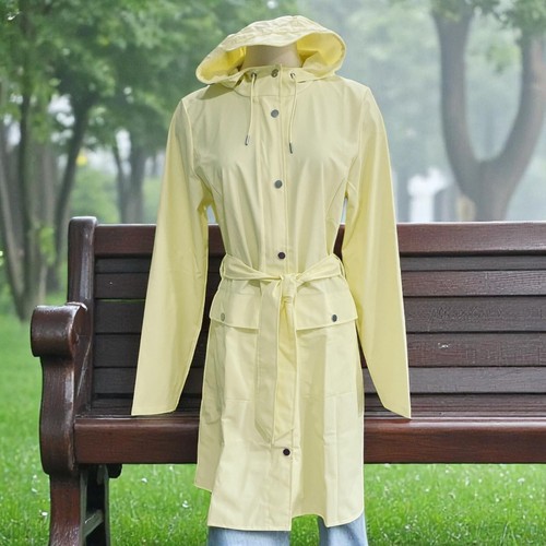 Rains Curve W Jacket Medium Yellow Belted Hooded Waterproof Trench Core Rain