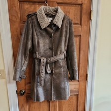 Christopher Banks Xl Brown Metallic Distressed Winter Belted Coat Faux Fur New