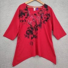 Maggie Barnes Catherines Top Women 2X Petite Red Floral Sequin Tunic 3/4 Sleeve
