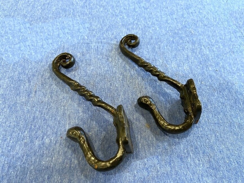 Estate Pair vintage '60s CAST IRON black painted TWIST Coat + Hat HOOKS
