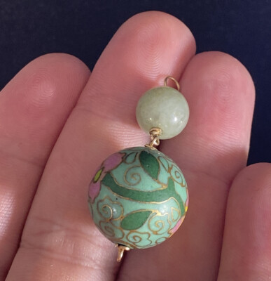 14k Chinesischer Cloisonné Anhänger Gelbgold grüne Jade BLUME Kugel